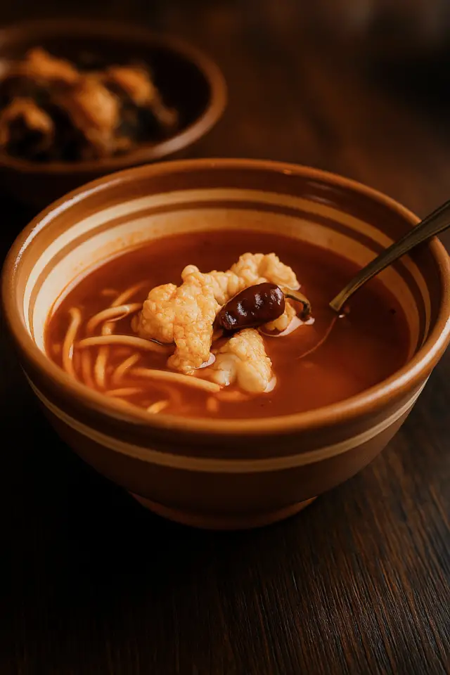 Mohácsi halászlé, tésztával, haltejjel.