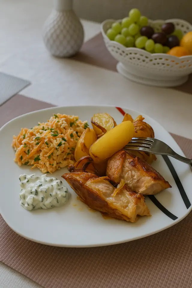 Sült csülök medvehagymás salátával és sült burgonyával