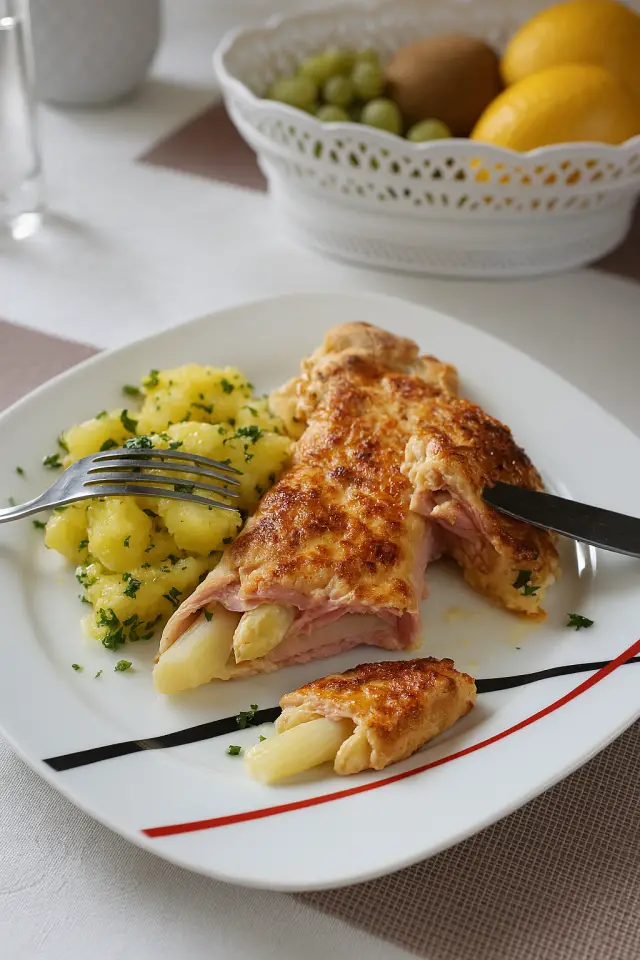 Csőben sült spárga sonkába göngyölve, sajttal sütve, petrezselymes burgonyák