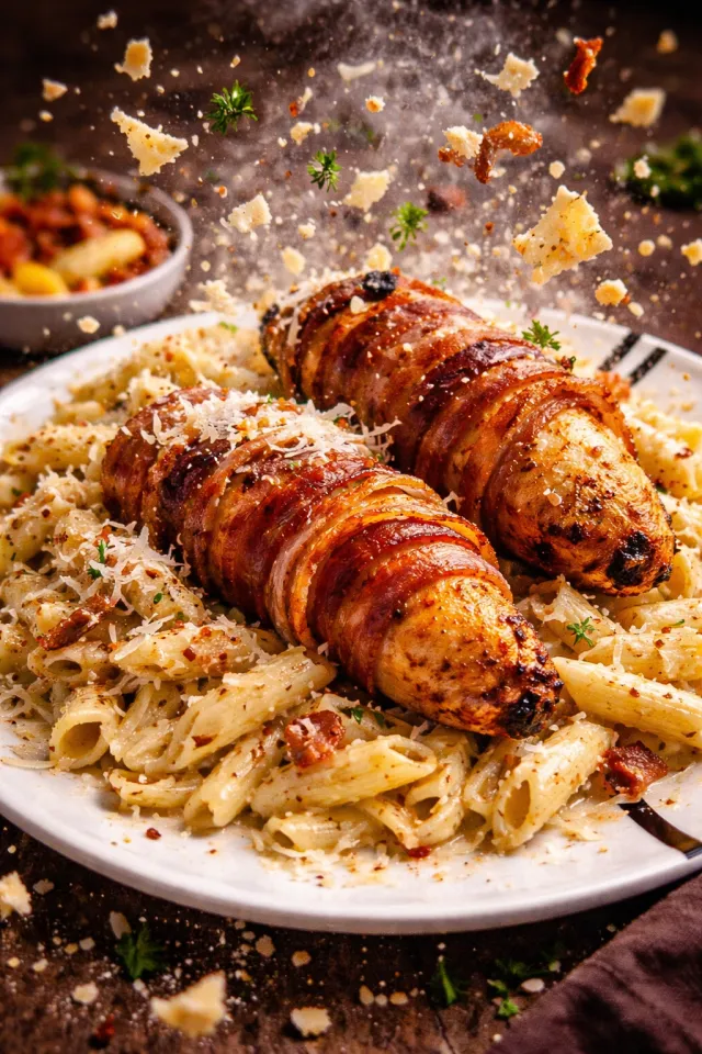 Baconbe tekert csirkemell tejszínes-sajtos pennével